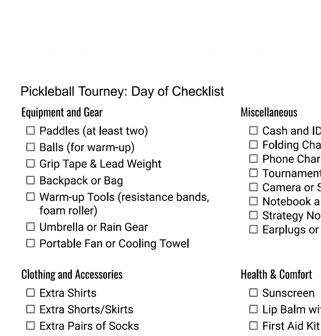 What to pack for a pickleball tournament, pickleball tournament checklist template, What to pack for a pickleball tournament pdf free, What to pack for a pickleball tournament pdf, pickleball tournament preparation